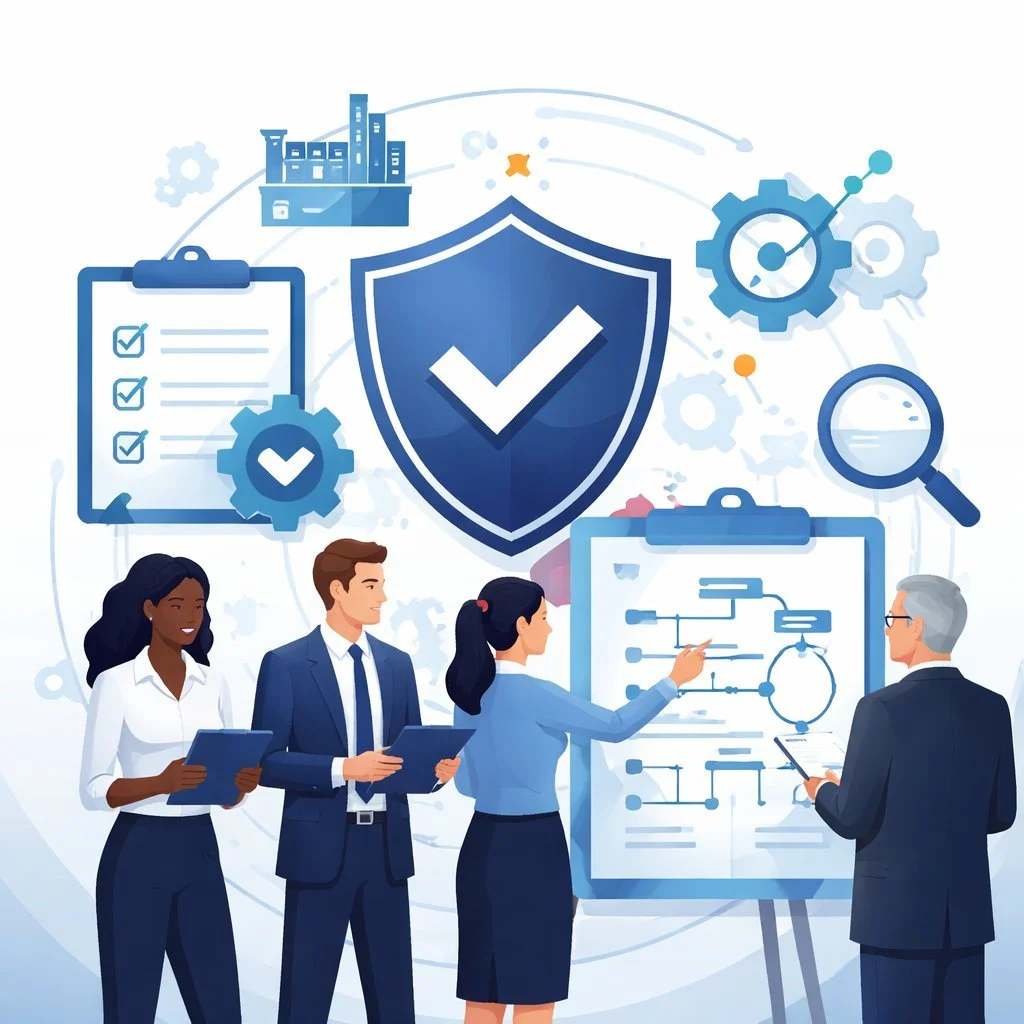 Diverse professional team reviewing structured quality management system processes with shield, checkmark, gears, and compliance workflow symbols representing ISO 9001 certification requirements.