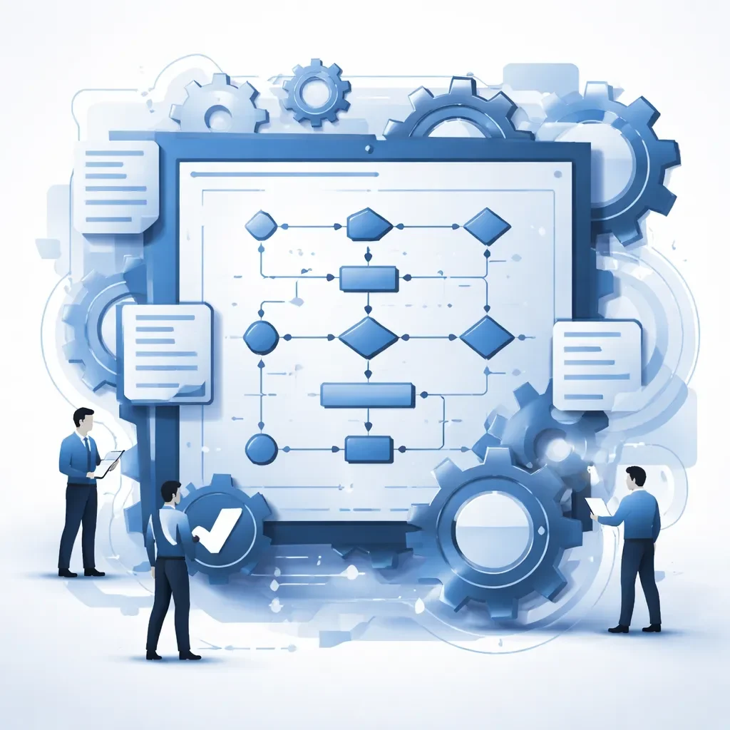 Abstract business process mapping illustration showing structured workflow nodes, interconnected systems, and operational flow with supporting review elements