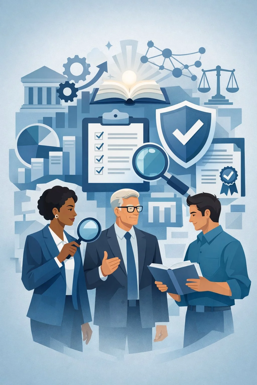 Digital illustration of diverse professional auditors reviewing processes with clipboard, shield, and magnifying glass symbols representing auditors qualification and audit competence.
