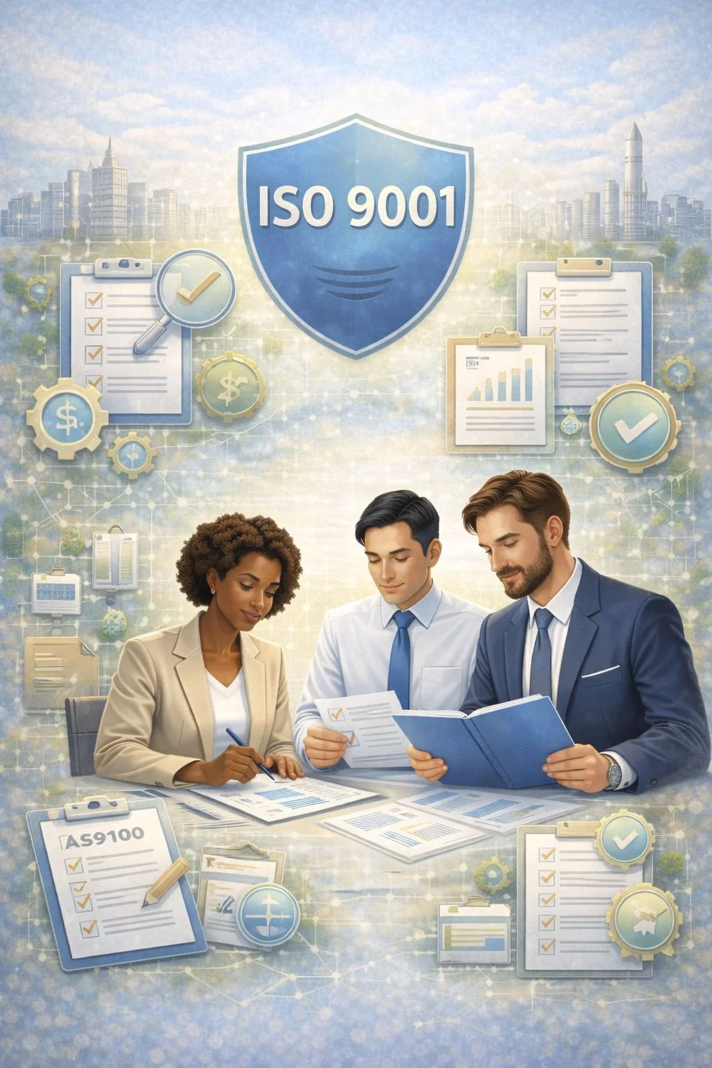 Illustration of ISO 9001 auditors reviewing quality management documents with audit checklists, performance charts, compliance symbols, and a central ISO 9001 shield representing certified auditor services.