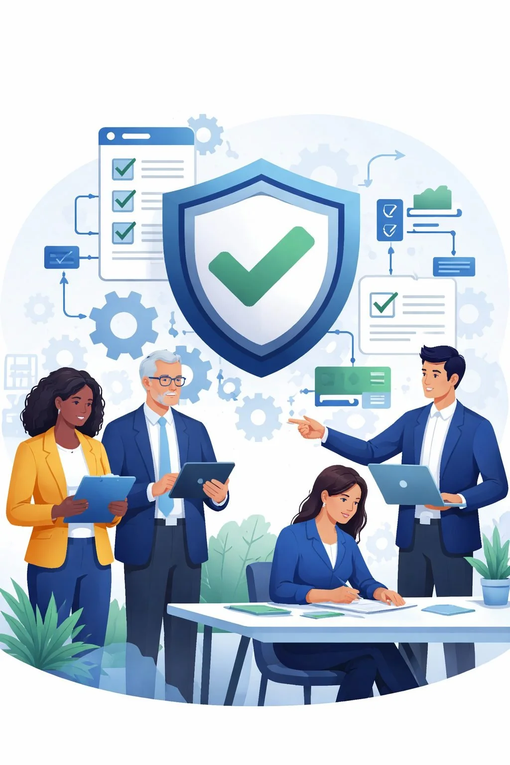 ISO certification services illustration showing diverse business professionals collaborating under a shield with checkmark symbolizing compliance, system implementation, and structured audit readiness.