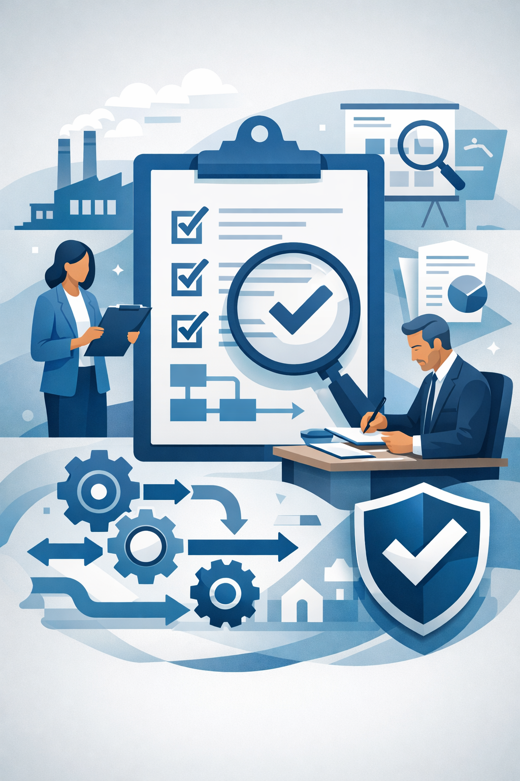 Digital illustration of professionals reviewing a checklist with magnifying glass, process arrows, gears, and shield for ISO 9001 internal audit checklist.