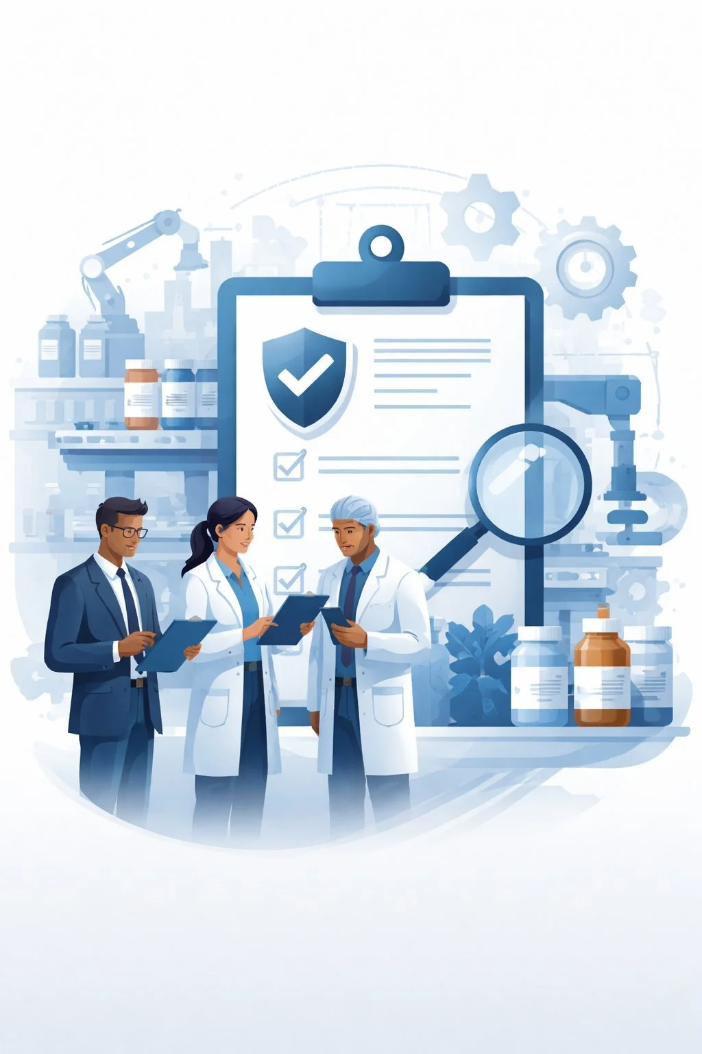 Digital illustration of a pharmaceutical team reviewing a structured compliance checklist with shield and factory elements representing FDA drug manufacturing quality systems.