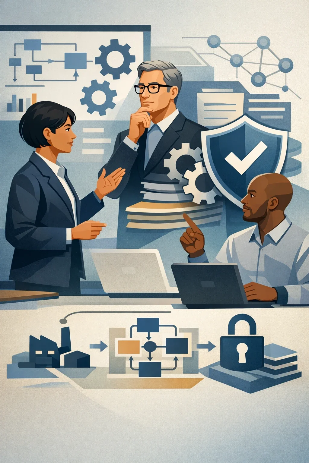 Digital illustration of diverse professionals analyzing process diagrams, gears, and a validation shield symbolizing structured root cause analysis and operational problem solving.