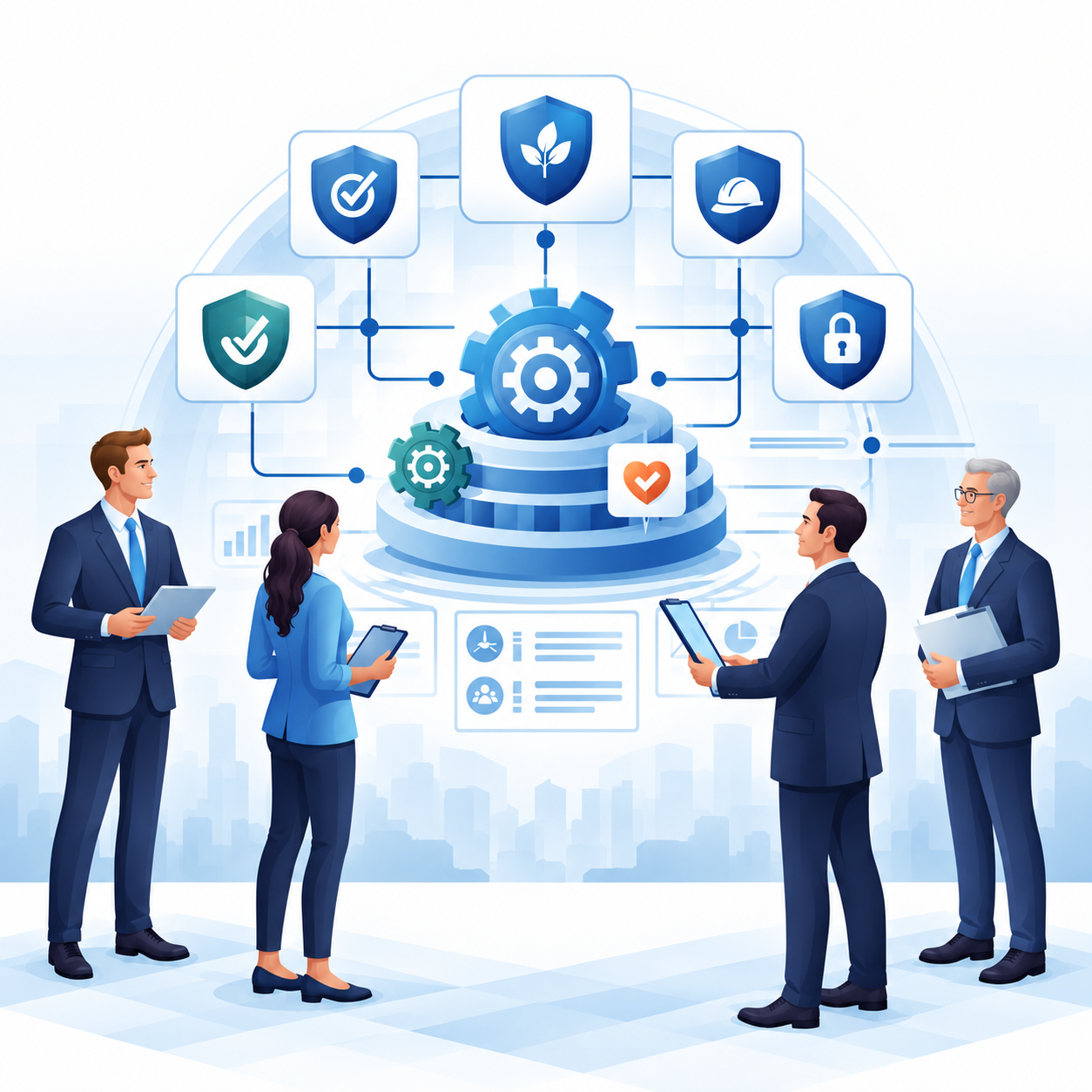 Four consultants review connected gears and shields representing integrated ISO quality, environmental, safety, and information security management.