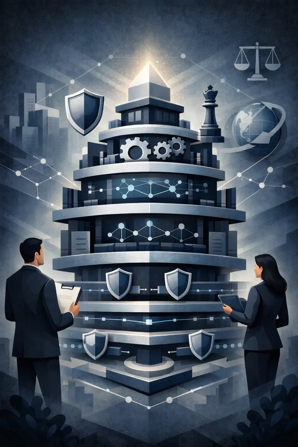 Layered corporate governance system with shields, gears, and structured networks, supported by professionals observing controlled oversight architecture