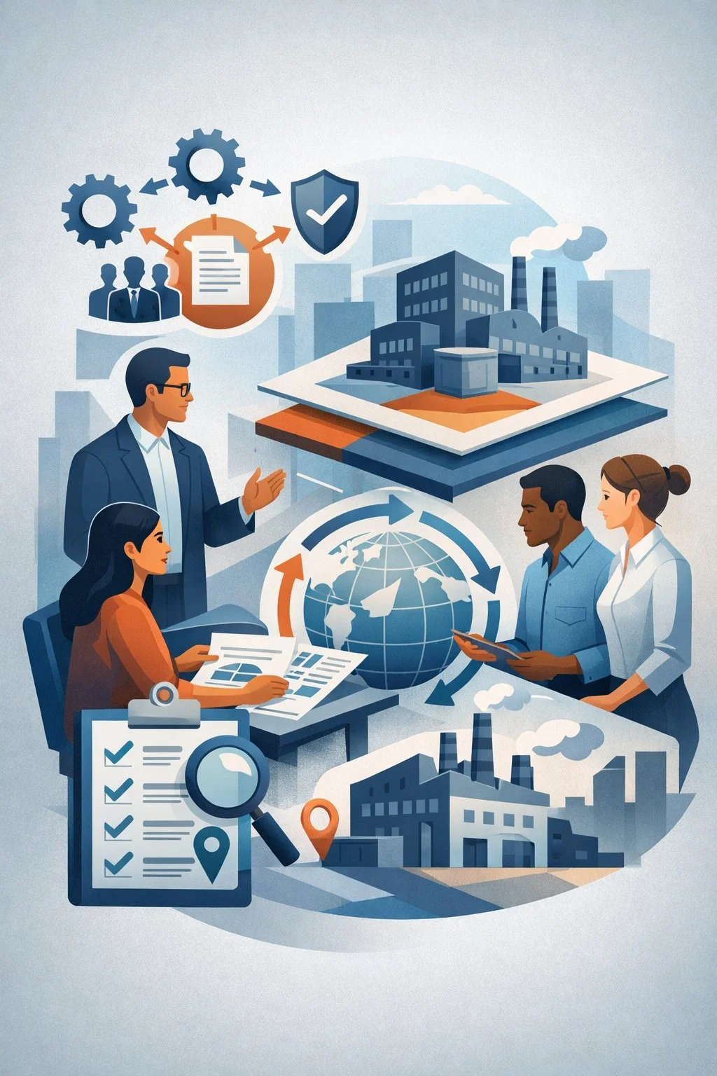 Digital illustration of consultants analyzing organizational context with process diagrams, factories, and system icons representing ISO 9001 Clause 4 context of the organization.