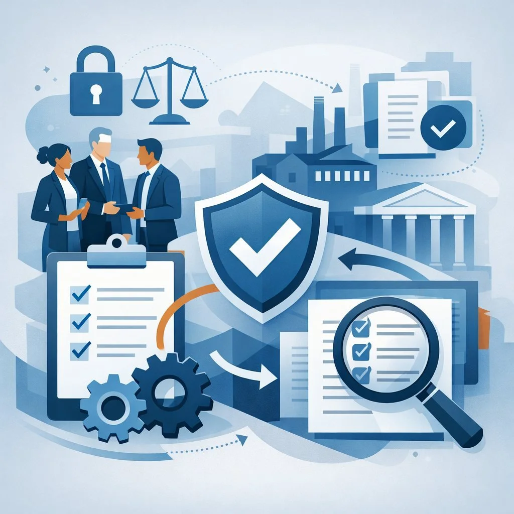 Digital illustration of layered shields, checklist clipboard, gears, and audit review tools representing a structured compliance audit service and regulatory governance controls.
