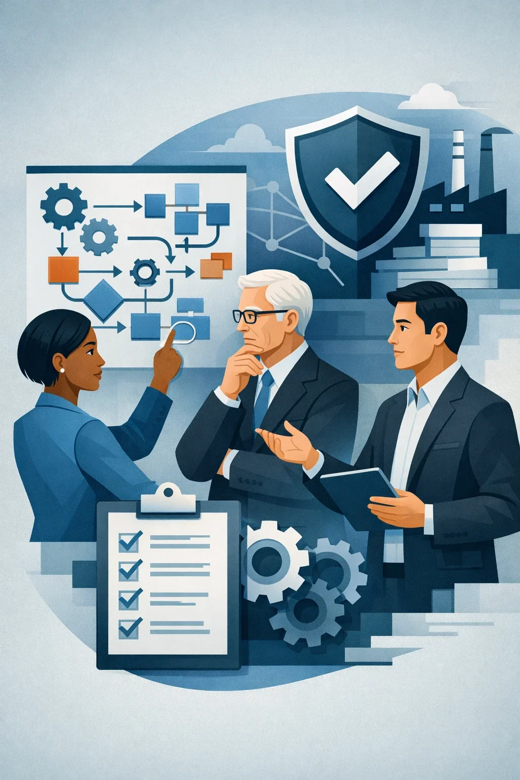 Digital illustration of consultants analyzing a compliance management system with shield, checklist, gears, and structured workflow diagram representing governance and regulatory oversight.