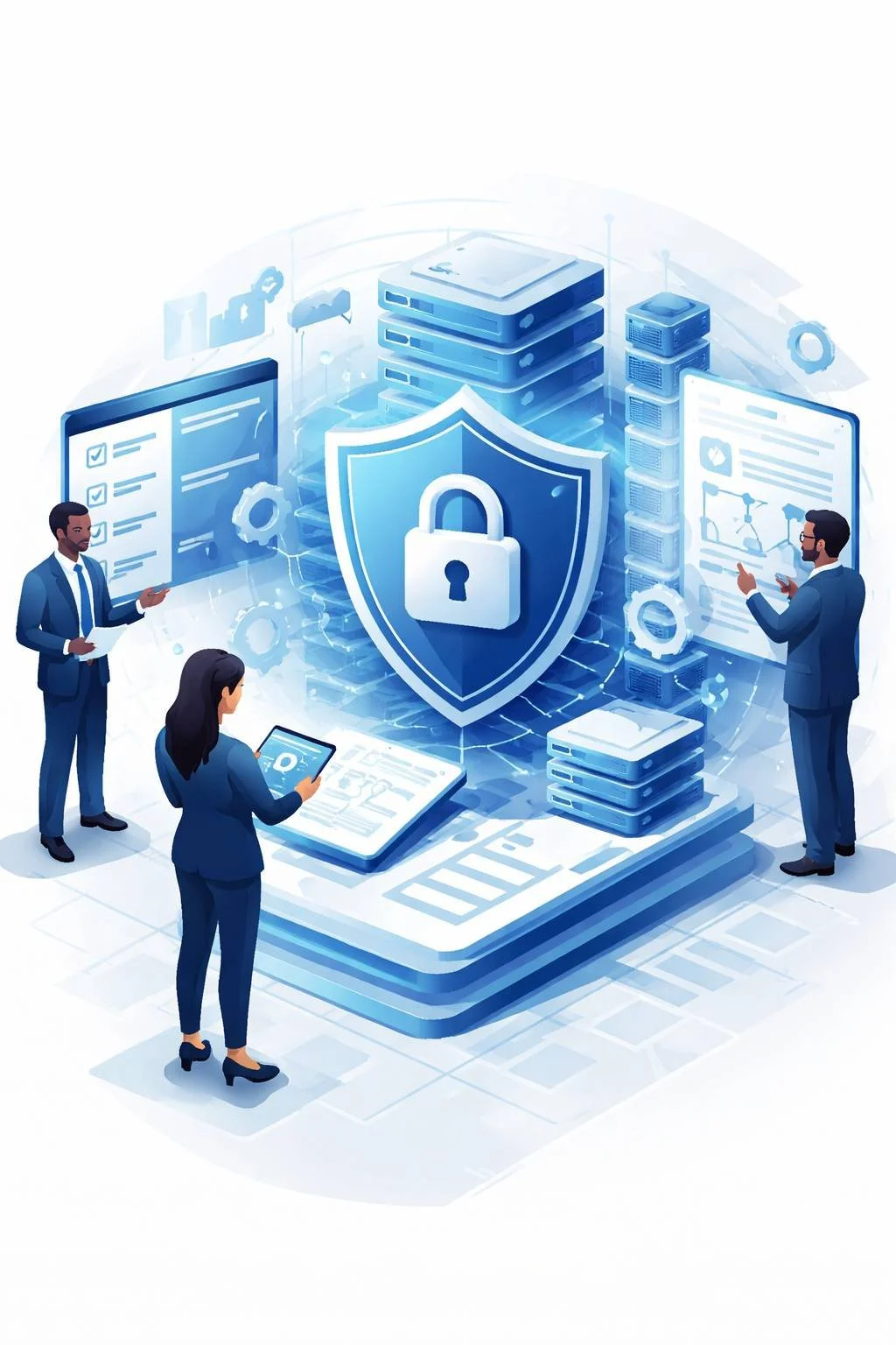 Digital illustration of professionals collaborating around a shield and lock symbol representing ISO 27701 privacy management consulting and PIMS implementation.
