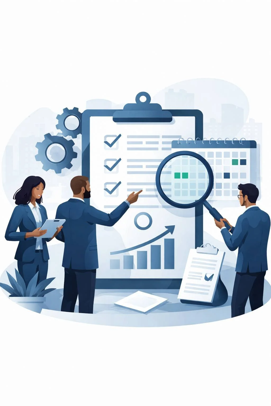 Digital illustration of professionals reviewing a clipboard checklist and calendar representing an ISO 9001 internal audit schedule and structured quality management auditing process.