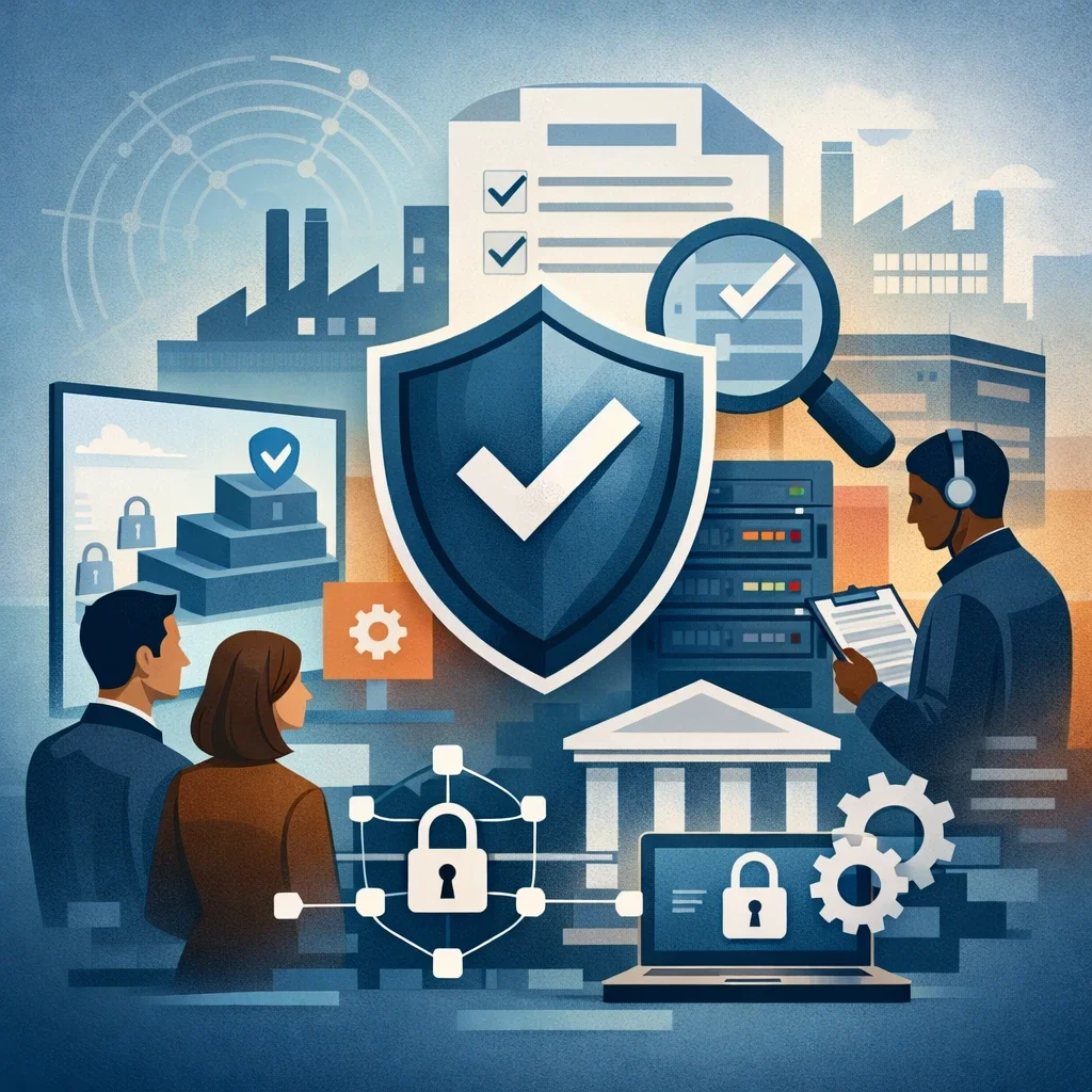 Digital illustration of a shield with checkmark, network controls, and audit elements representing CMMC Final Rule cybersecurity compliance and certification structure.