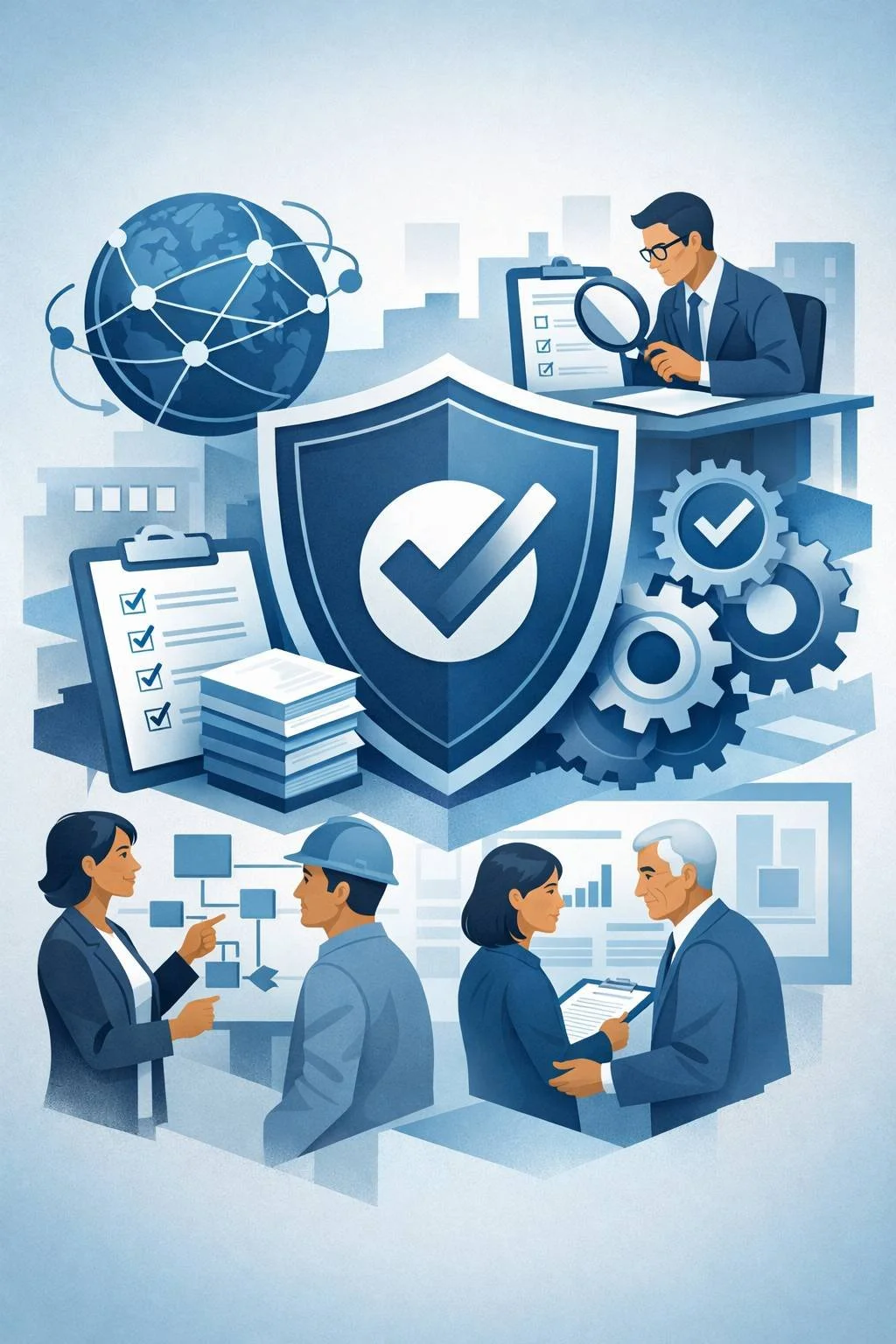 Digital illustration of a shield with checkmark, gears, and audit symbols representing the ISO certificate definition and structured management system certification.