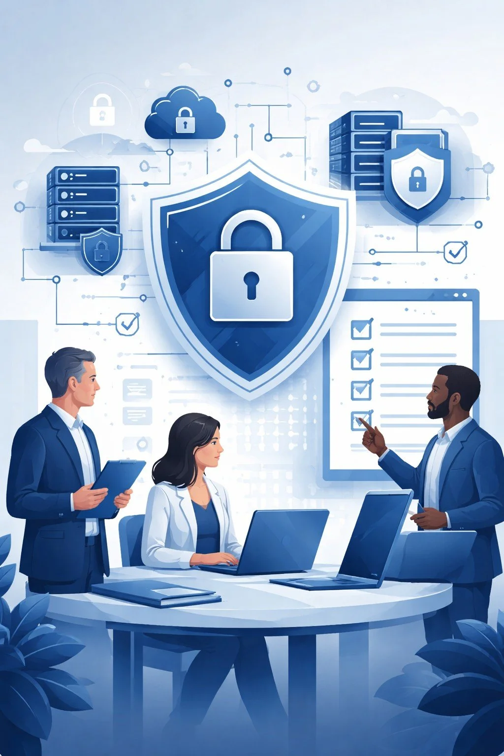 Digital illustration of diverse cybersecurity professionals reviewing layered controls beneath a shield symbolizing CMMC 2.0 compliance consulting and structured defense security systems.