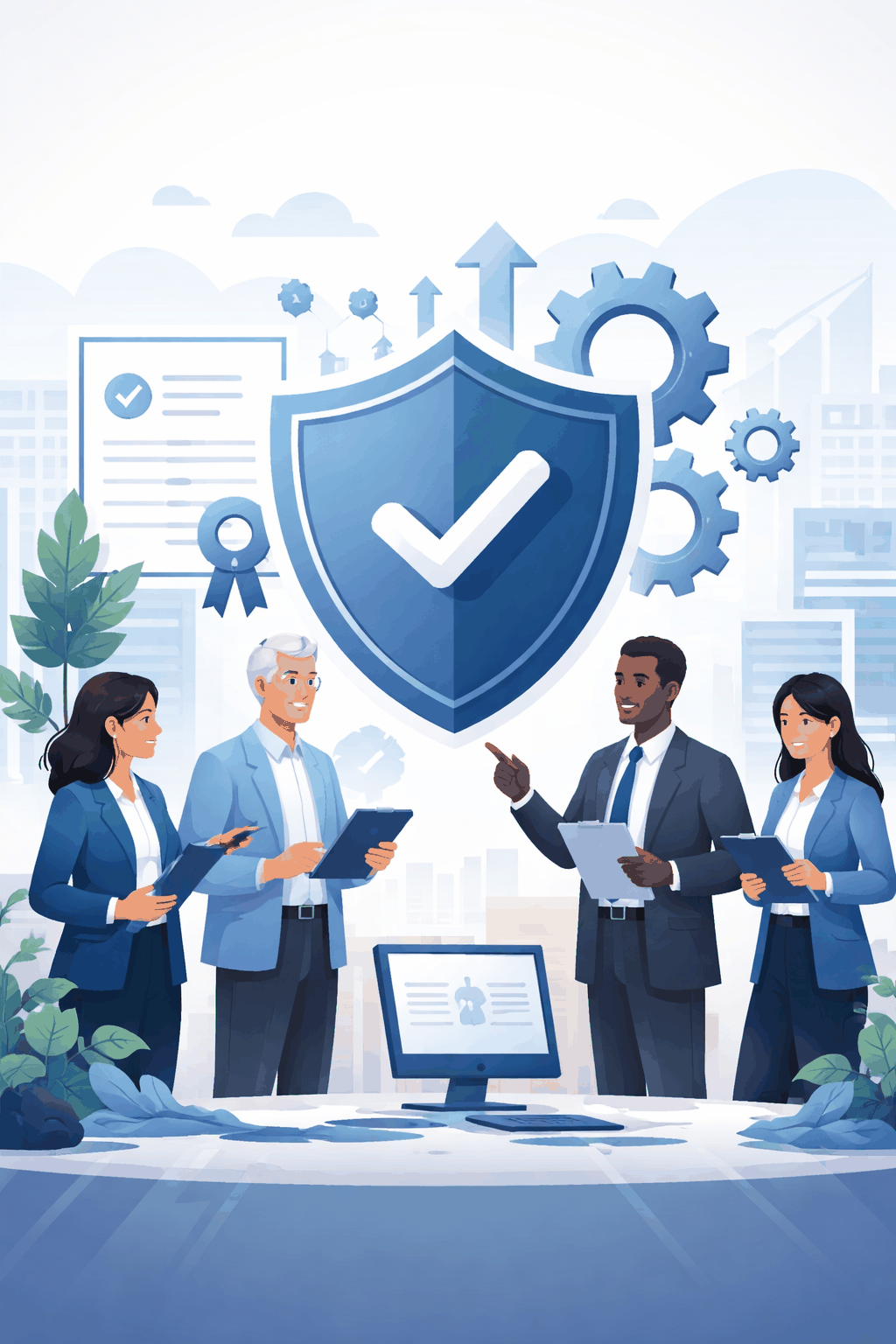 Professional illustrated scene of diverse business professionals reviewing documented processes beneath a large shield with checkmark symbolizing an ISO 9001 certified company and structured quality management system.