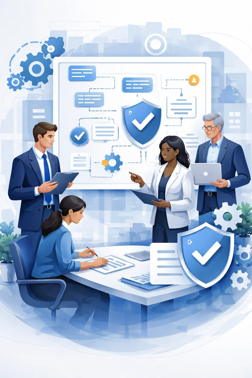 Digital illustration of professionals collaborating around structured business management systems with process flows, gears, and governance controls.