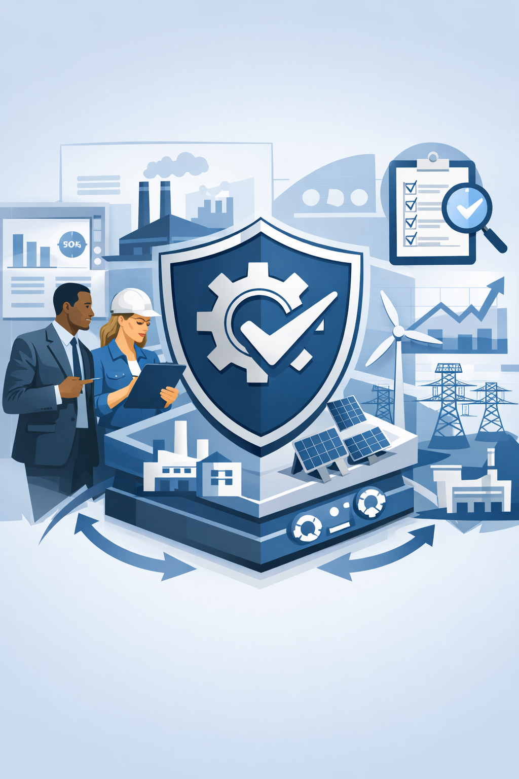 Digital illustration of structured industrial energy systems with monitoring controls and infrastructure representing ISO 50001 energy management consulting.