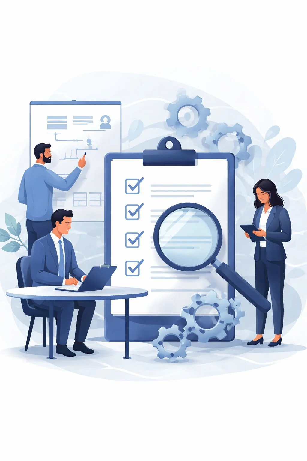 Digital illustration of professionals reviewing a clipboard checklist with magnifying glass and process diagrams, representing internal auditor required for ISO management systems.