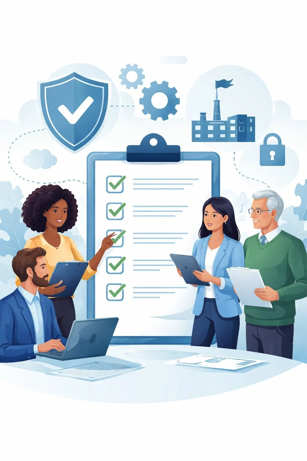 Diverse professional team reviewing structured checklist with shield and system icons representing how to get ISO certification for a company.