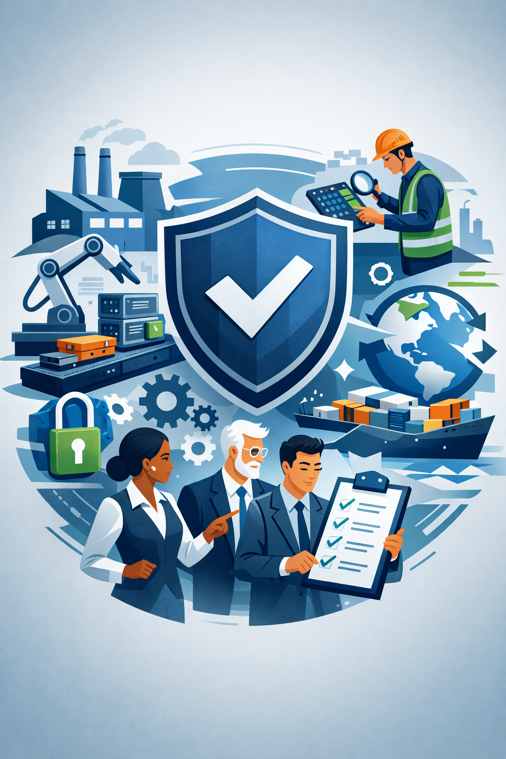 Digital illustration of electronics recycling operations with shield validation symbol, technicians inspecting devices, factory processing equipment, and secure recycling workflow.