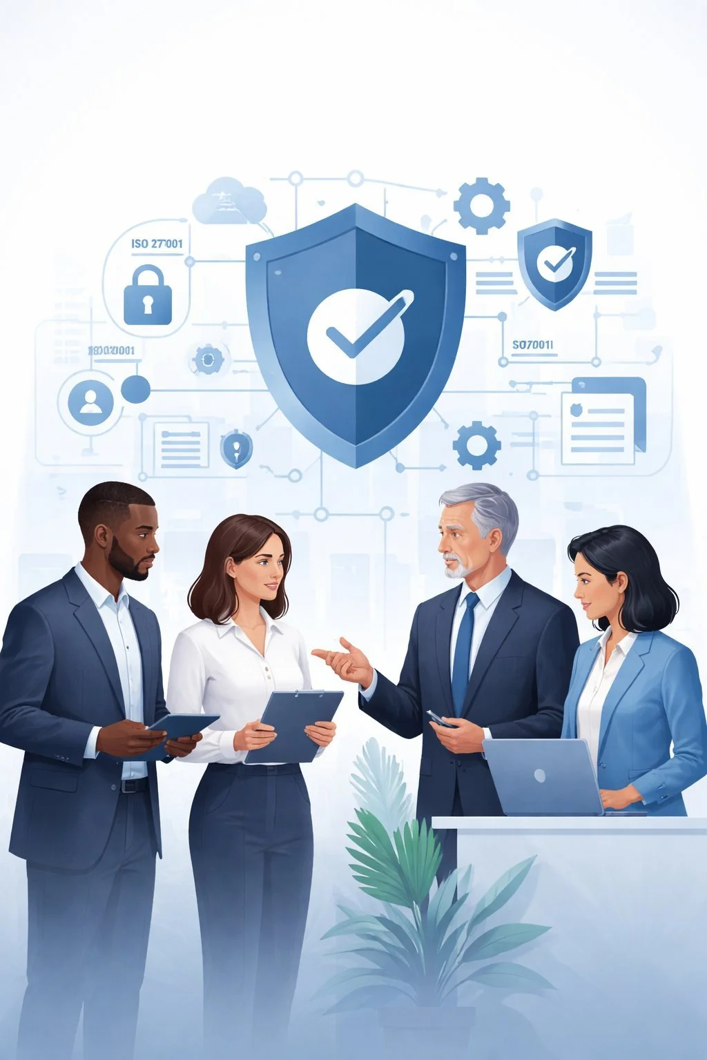 Digital illustration of security professionals reviewing structured cybersecurity controls beneath a shield and network system representing the ISO 27001 certification process.