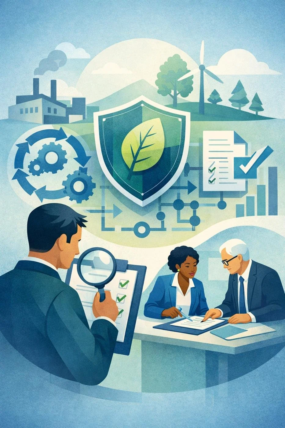 Digital illustration of auditors reviewing a clipboard and process diagram with environmental symbols representing ISO 14001 internal audit services and environmental management system evaluation.