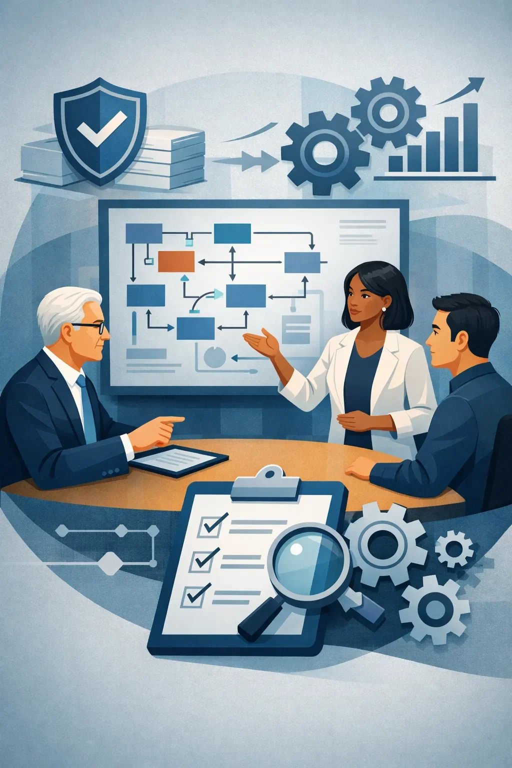 Digital illustration of consultants analyzing a structured cybersecurity risk framework with shield, gears, and process flow elements representing risk governance.