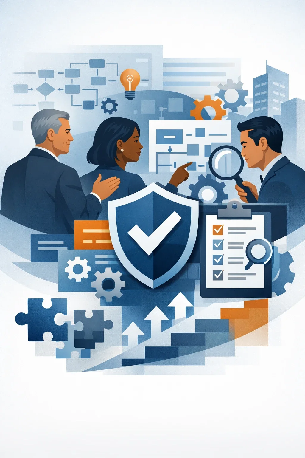 Digital illustration of consultants analyzing a structured quality management workflow with shield and checklist symbols representing ISO 9001:2026 transition planning.