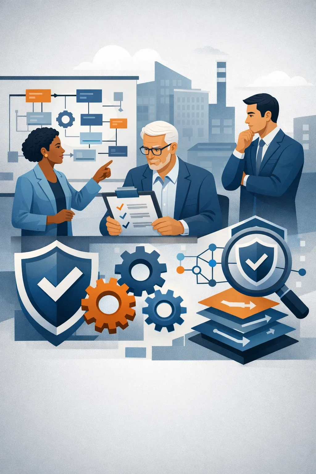 Digital illustration of consultants analyzing a structured security process with shields, gears, and layered controls representing PCI DSS compliance consulting.