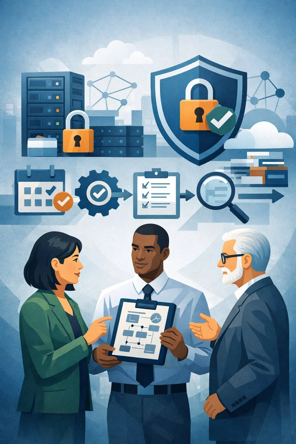 Digital illustration of professionals reviewing a structured security roadmap with shield, network, and process icons representing an ISO 27001 implementation timeline.