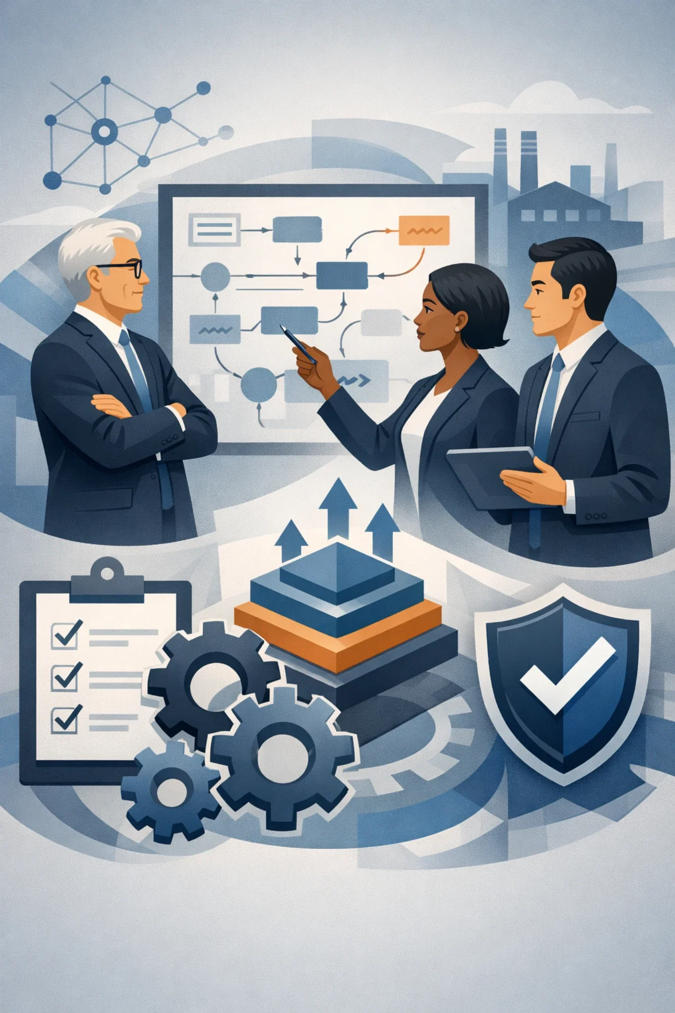 Digital illustration of consultants analyzing a process flow diagram with gears, checklist, and shield symbols representing business process optimization and structured operational improvement.