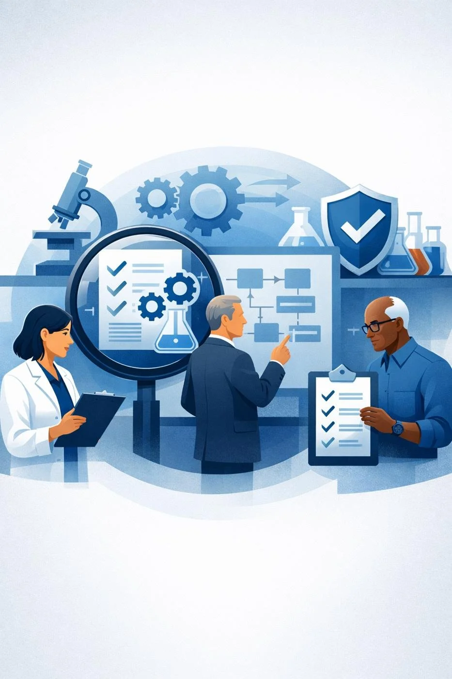 Digital illustration of laboratory auditors reviewing testing processes with clipboards, shield verification symbol, and structured workflow elements representing ISO 17025 internal audit services.