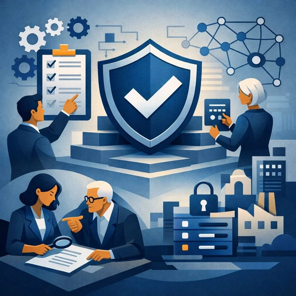 Digital illustration of security professionals reviewing a checklist beside a shield and network controls, representing an ISO 27001 gap analysis checklist for information security management.