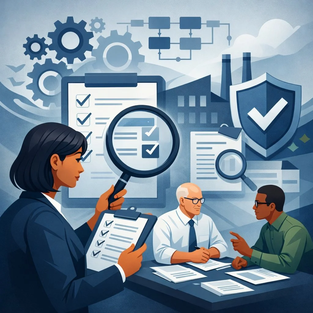 Digital illustration of professionals reviewing documents with magnifying glass, gears, and process diagrams representing an ISO 9001 internal audit process.
