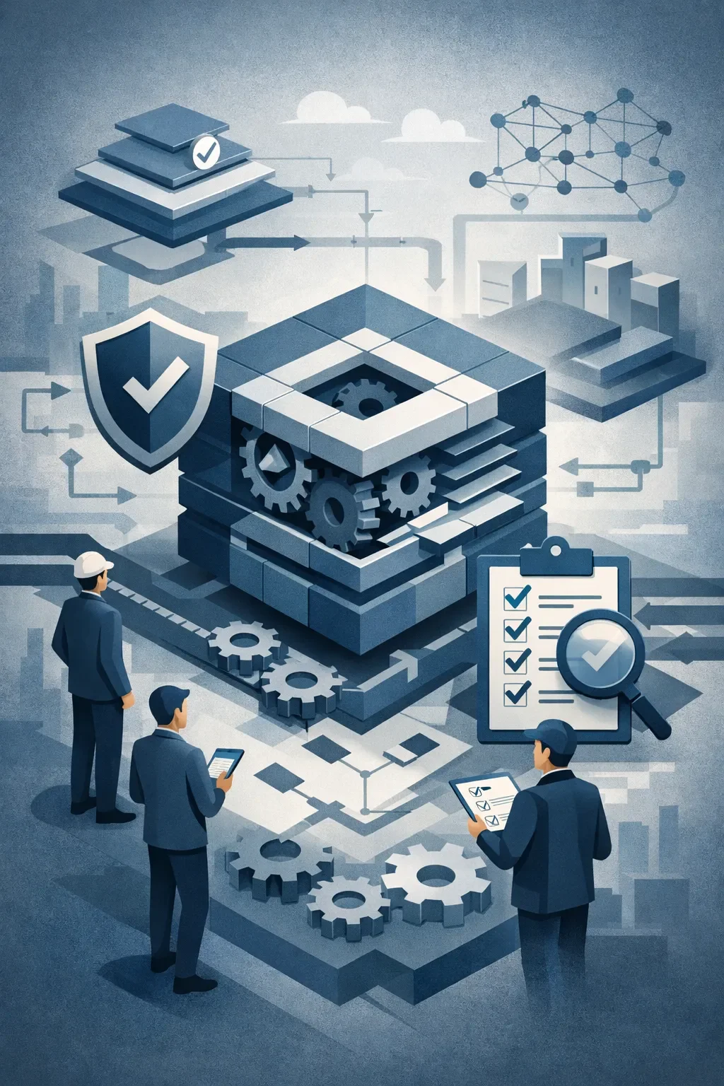 Structured quality management system illustration with layered components, gears, validation shield, and audit elements showing controlled processes.