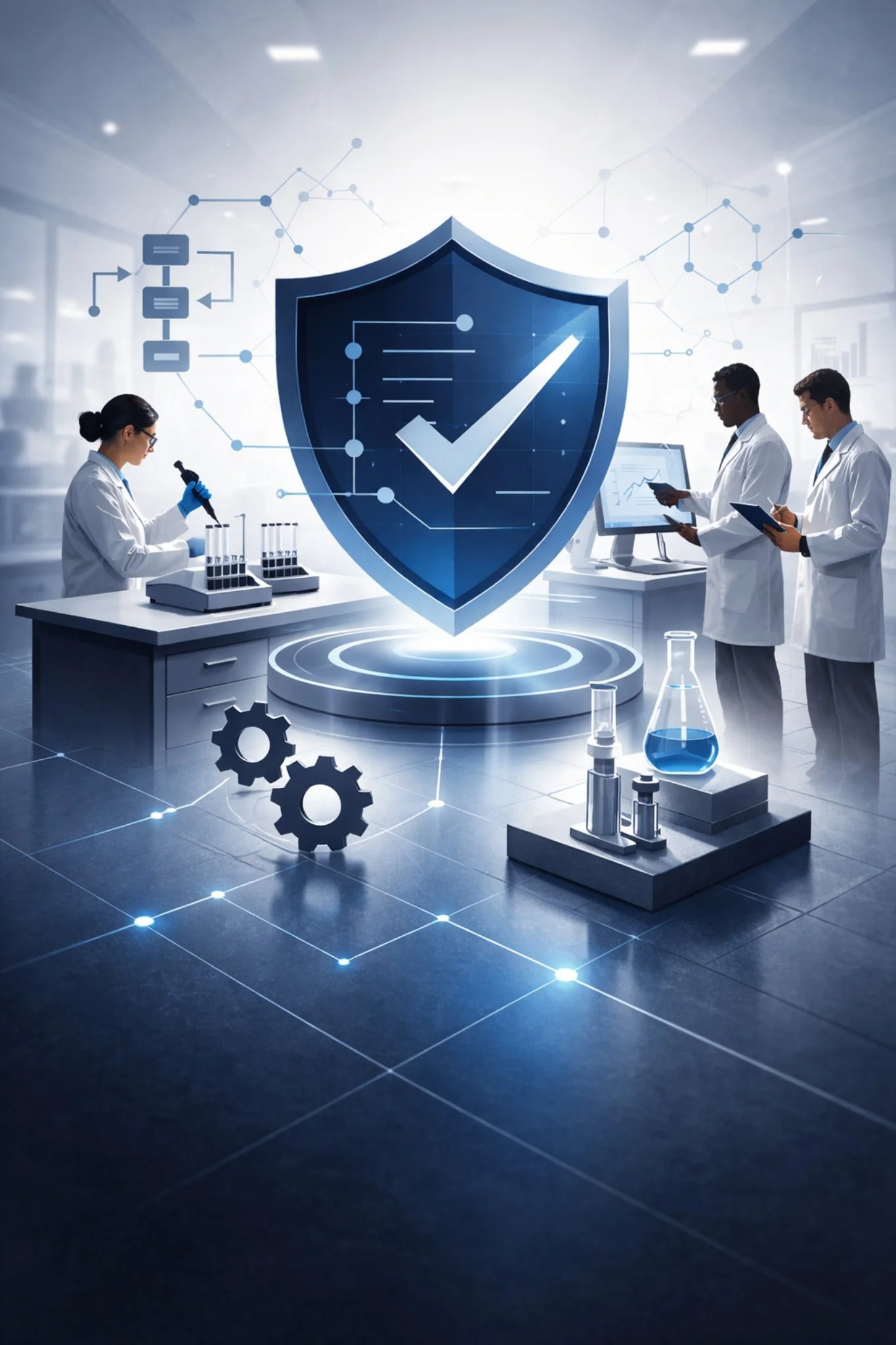 Digital illustration of laboratory scientists, testing equipment, and a central shield with checkmark representing ISO 17025 consulting and structured laboratory quality systems.
