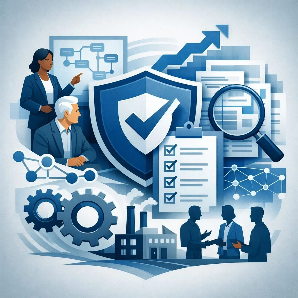 Digital illustration of consultants reviewing process diagrams with shield, checklist, and factory symbols representing ISO 9001 implementation services and structured quality management systems.