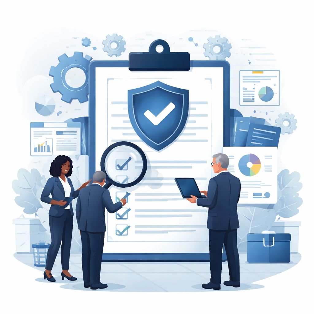Digital illustration of professionals reviewing a structured checklist with shield and magnifying glass symbols representing ISO 9001 annual audit requirements and quality system verification.