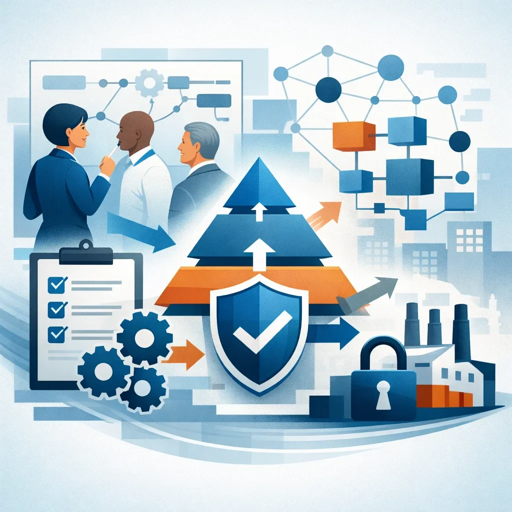Digital illustration of layered organizational controls, shield validation, and interconnected processes representing a structured management system framework and operational governance.