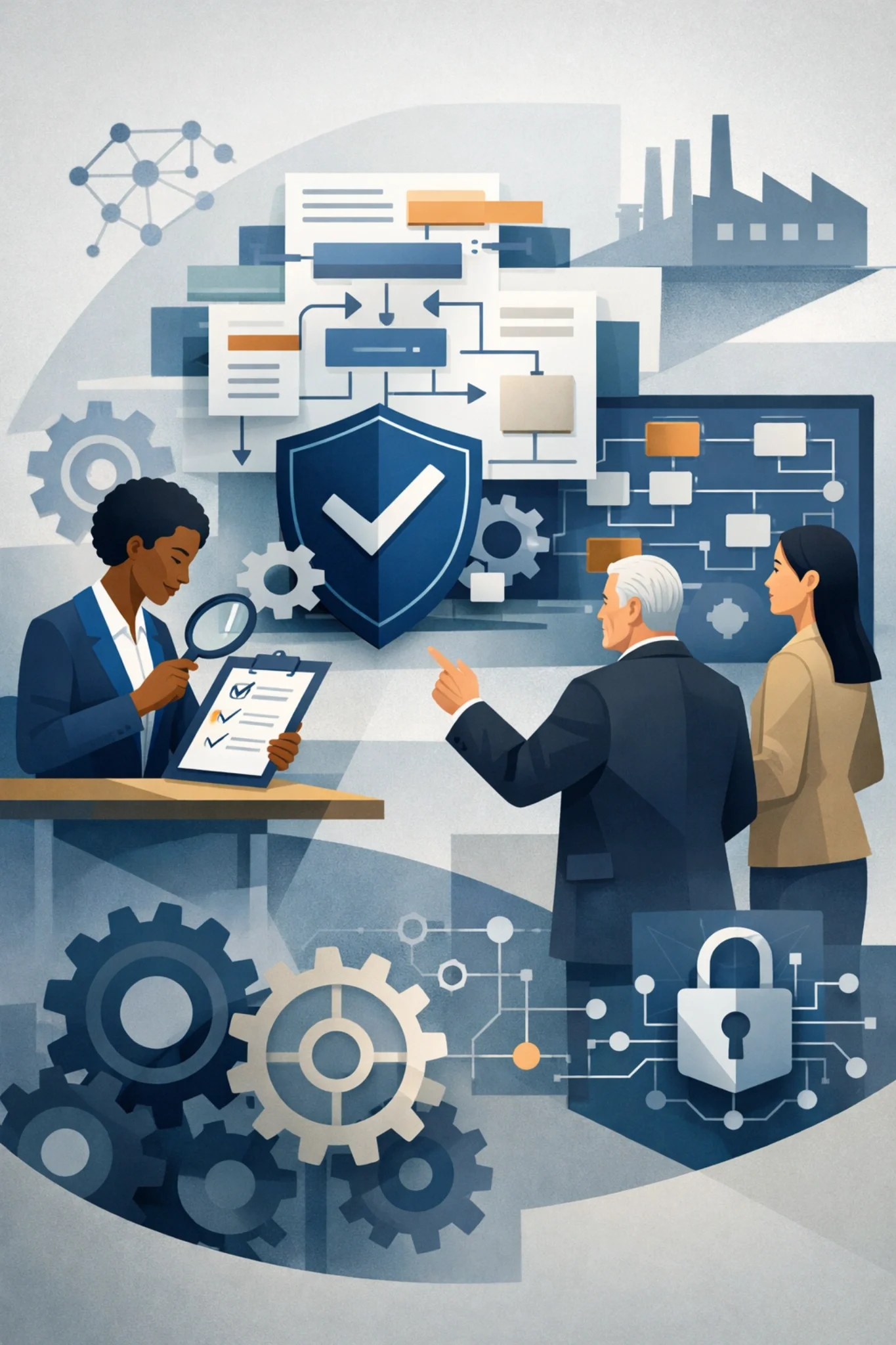 Digital illustration of cybersecurity risk assessment showing professionals reviewing security controls with shield, lock, network diagrams, and system workflows.