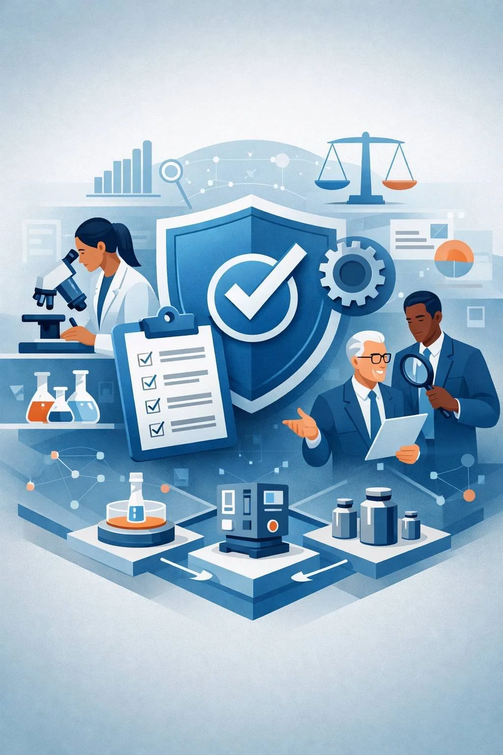 Digital illustration of laboratory professionals, shield verification symbol, and process controls representing ISO 17025 accreditation cost and laboratory quality systems.