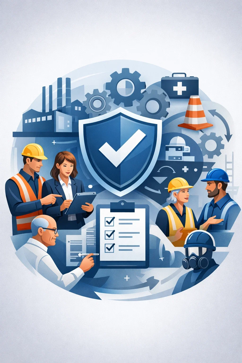 Digital illustration of diverse professionals reviewing safety procedures with shield, gears, and factory symbols representing ISO 45001 workplace safety management systems.