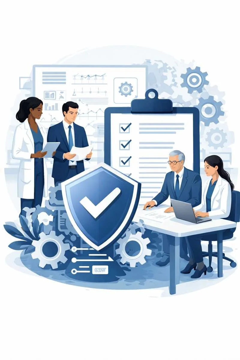 Digital illustration of professionals reviewing a checklist with shield and gears representing structured steps to achieve ISO 13485 certification and medical device quality management systems.