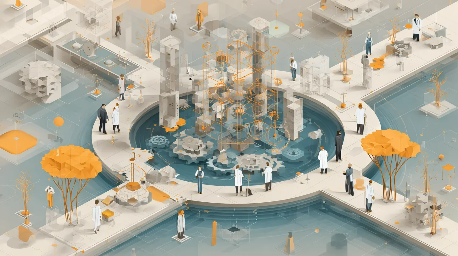 Isometric illustration of a structured quality management system with interconnected gears, regulatory process layers, and illustrated professionals observing medical device compliance operations.