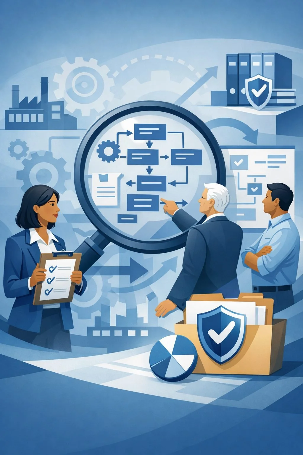 Digital illustration of professionals reviewing a process diagram with magnifying glass, checklist clipboard, and shield symbolizing ISO 9001 internal audit training and quality system review.