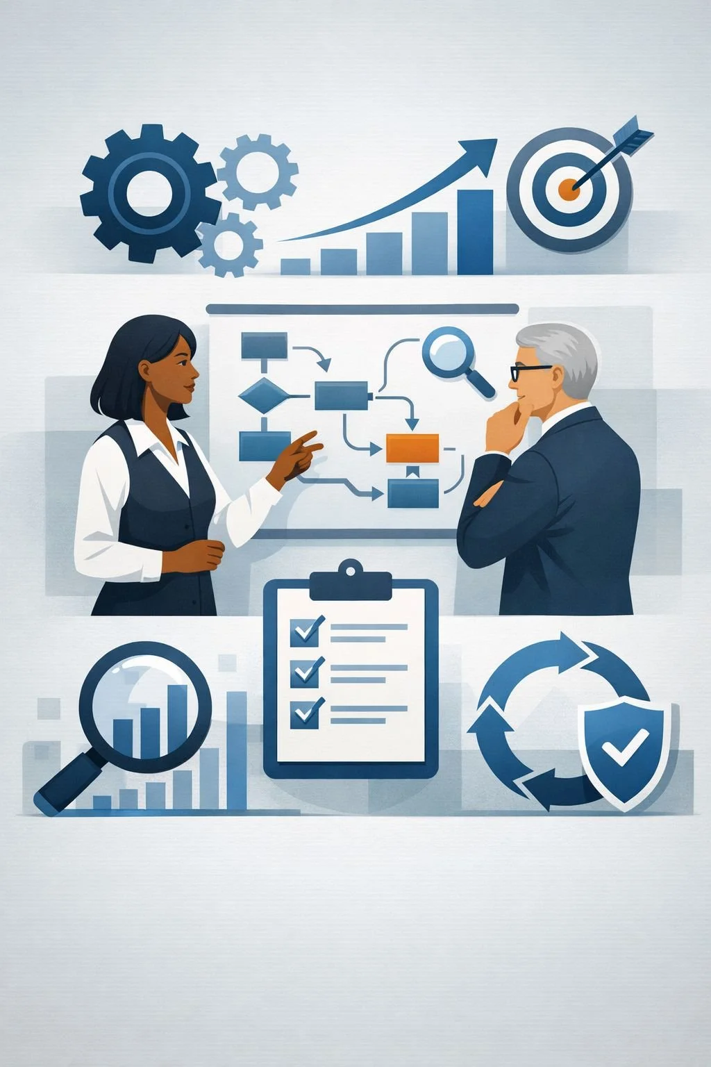 Digital illustration of consultants reviewing a structured process flow with gears, checklist, and improvement cycle representing ISO 9001 Clause 10 improvement requirements.
