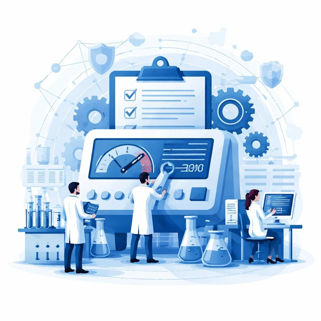 Digital illustration of laboratory professionals calibrating testing equipment with gauges, gears, and workflow elements representing a structured testing and calibration management system.