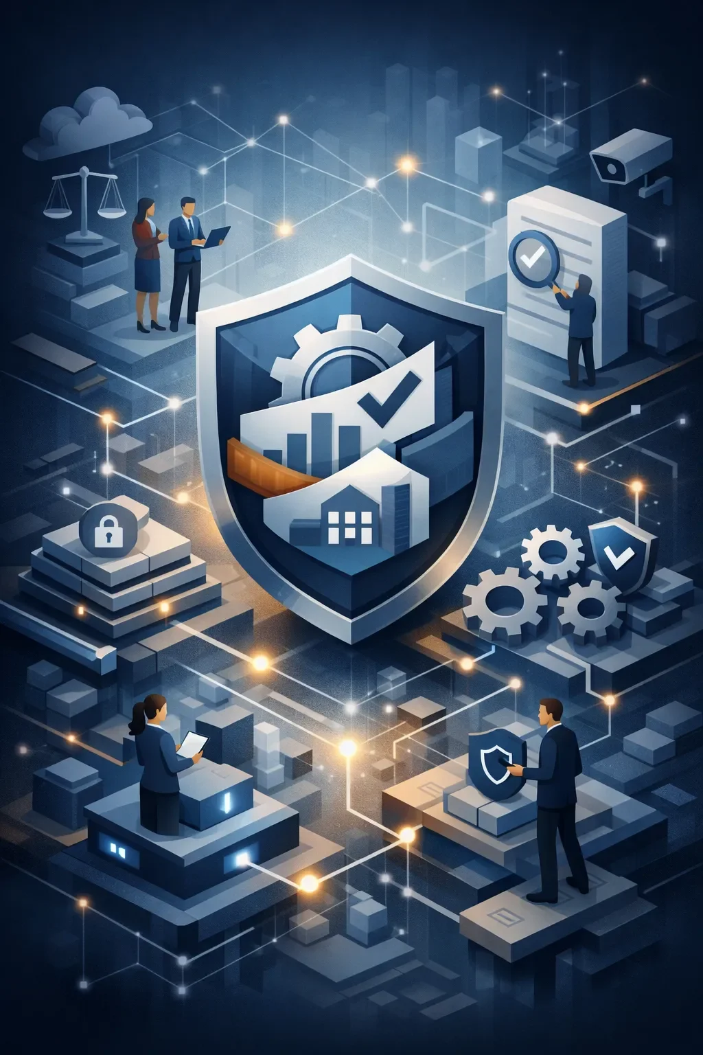 Structured GRC risk management system with central shield, interconnected controls, audit elements, and governance network in layered digital architecture