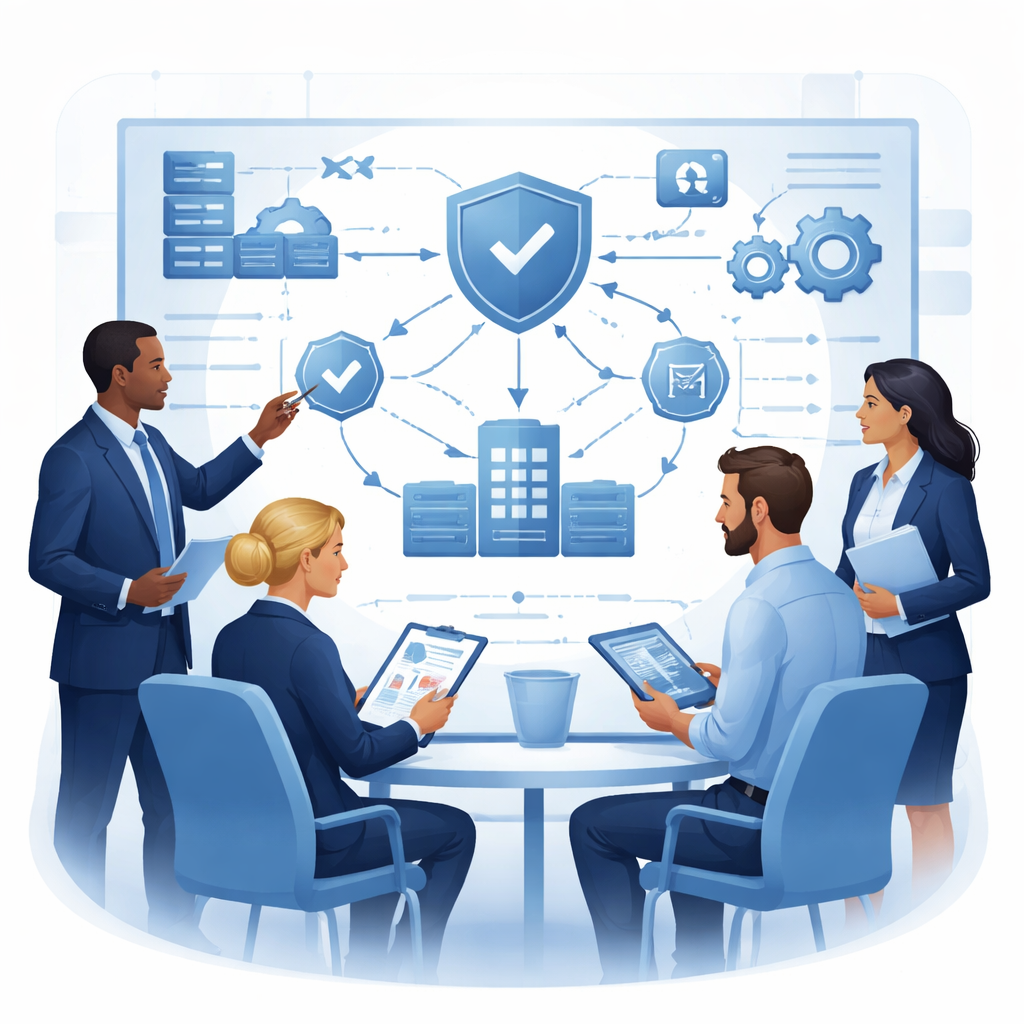 Digital illustration of consultants reviewing a structured resilience system diagram with shield, gears, and flow pathways representing business continuity consulting and operational continuity planning.