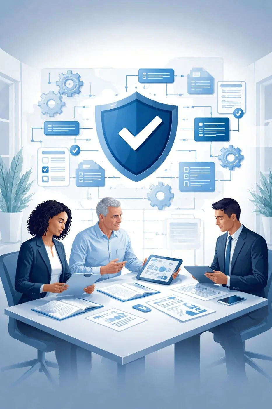 Digital illustration of consultants reviewing structured quality processes with a shield and checklist symbolizing ISO 9001 consultant services and quality management systems.